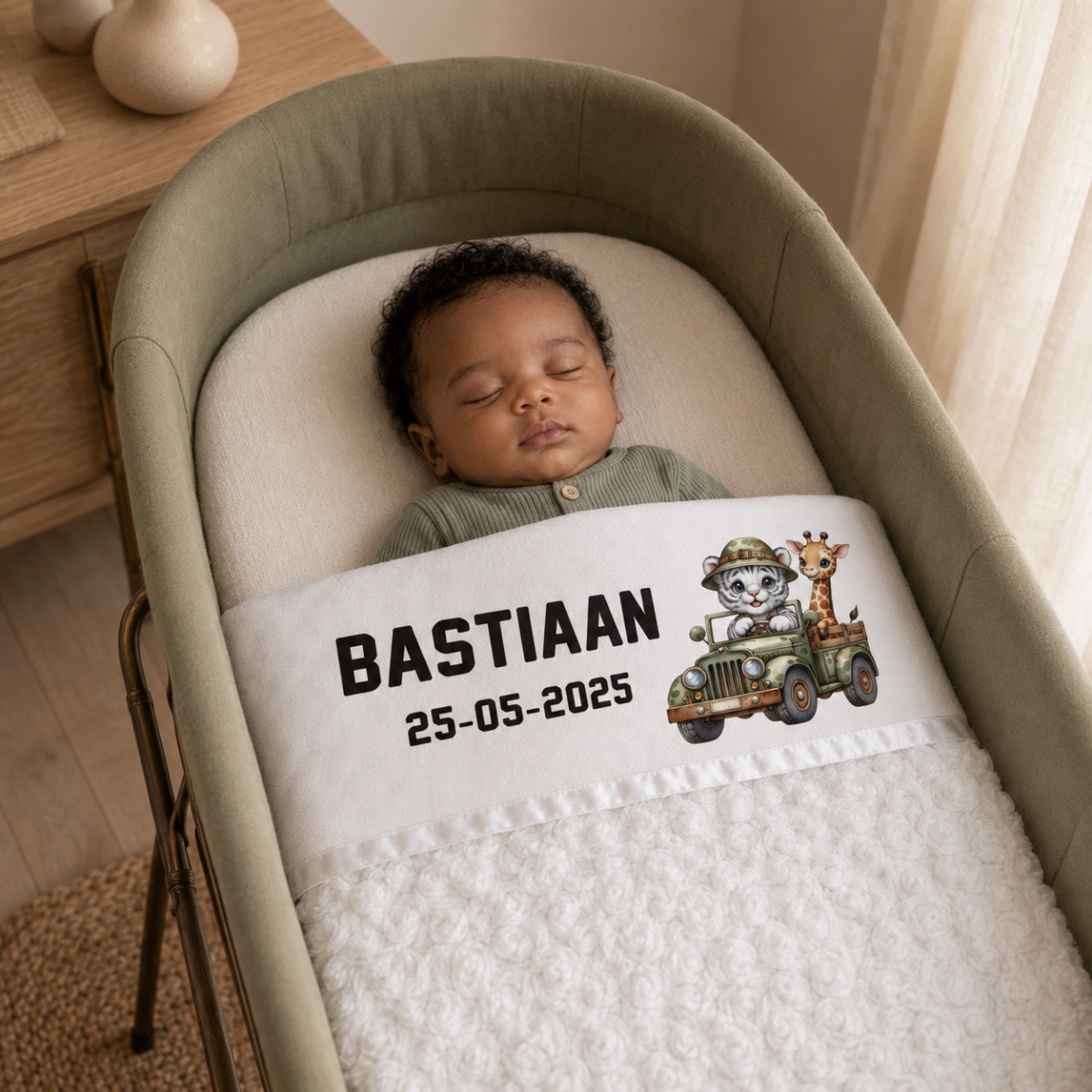 Babydeken met naam voor jongens met jeep, giraffe en tijger