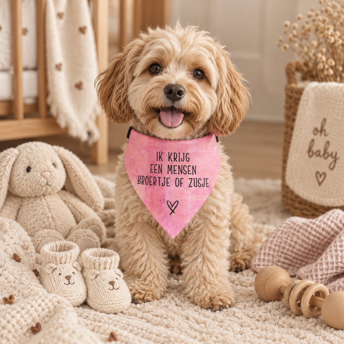 Hond met bandana voor zwangerschapsaankondiging