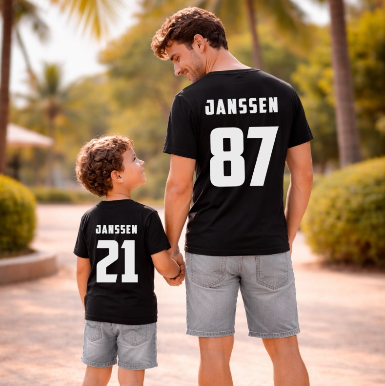 Twinning shirtjes voor papa en zoon of dochter met naam en rugnummer
