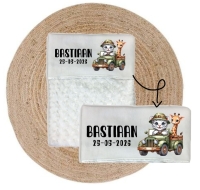 Babydeken met naam en geboortedatum | Jeep met giraf en tijger